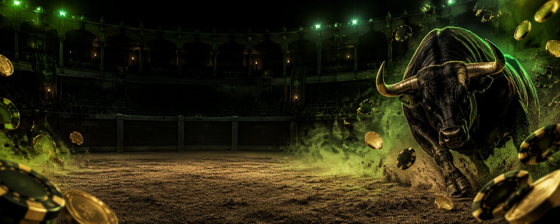 Raging Bull Slots arena met een stormende stier en gouden munten